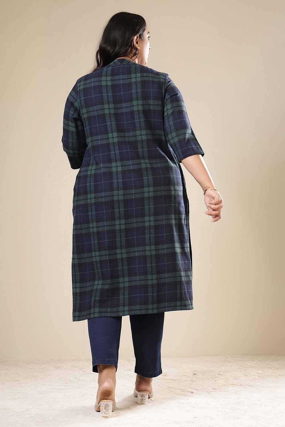 Plus Size Navy & Green Check Cotton Flannel V Neck Kurta