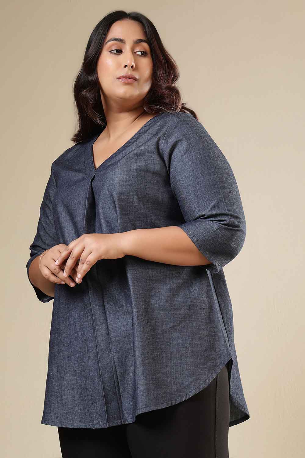 Plus Size Denim Cotton V-Neck Top for Women