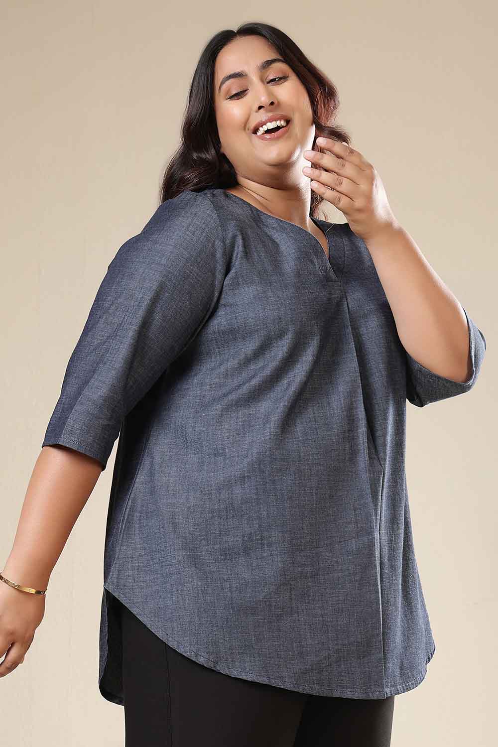 Comfortable Plus Size Denim Cotton V-Neck Top