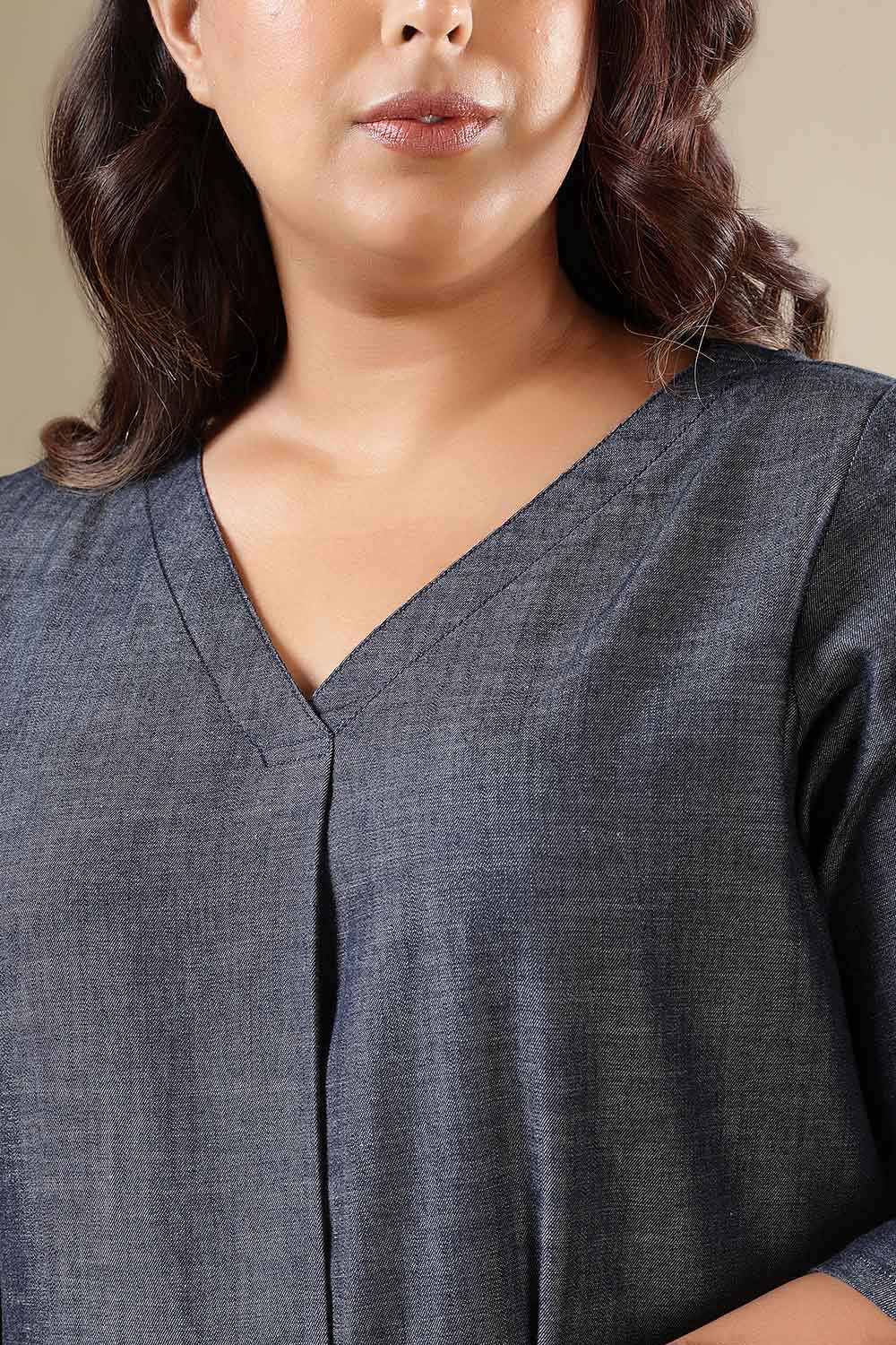 Plus Size Denim Cotton V-Neck Top
