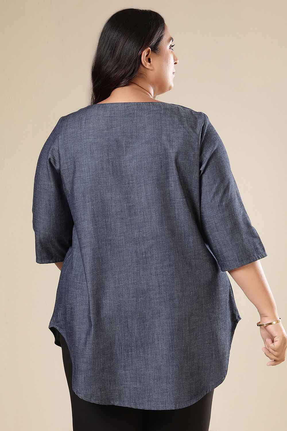 Plus Size Denim Cotton V-Neck Top