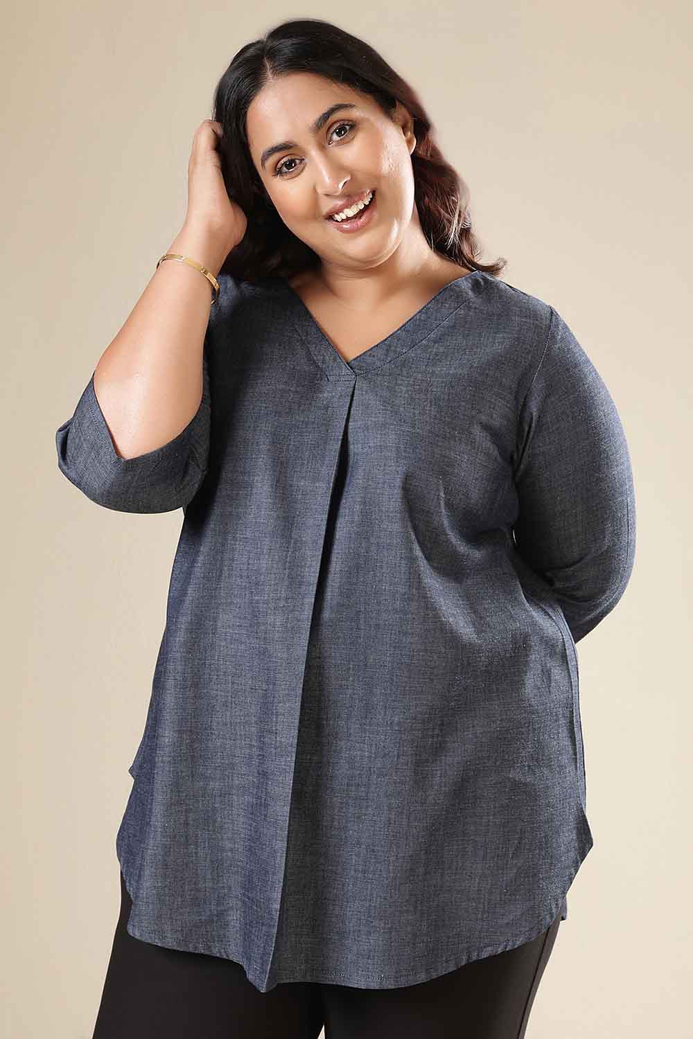 Plus Size Plus Size Denim Cotton V-Neck Top