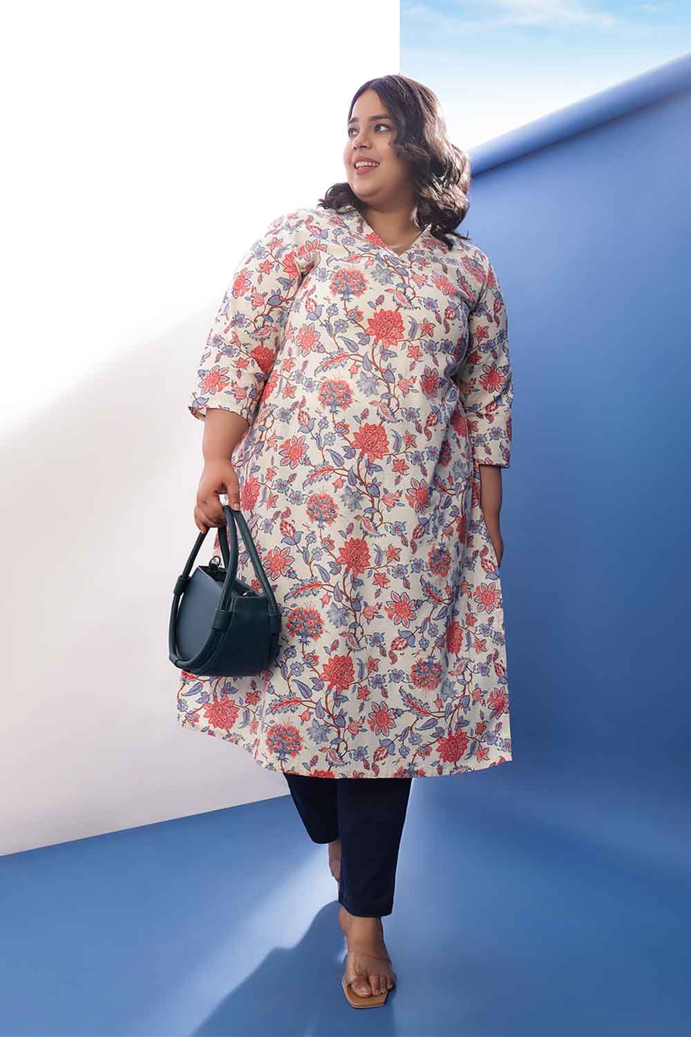 Plus Size Floral Printed V Neck Cotton Linen Kurta