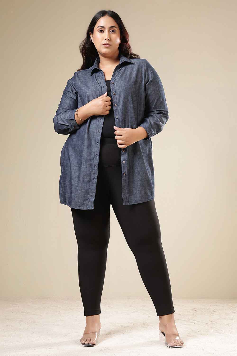 Plus Size Plus Size Denim Cotton High Slit Longline Shirt