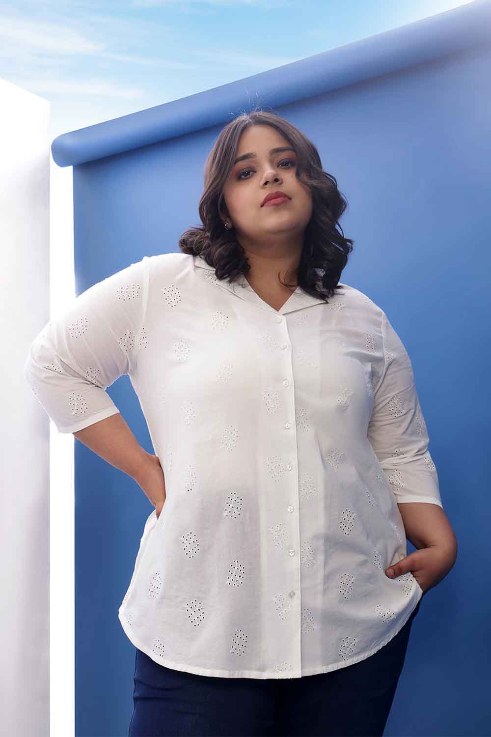 Plus Size White Cotton Schiffli Cuban Collar Shirt