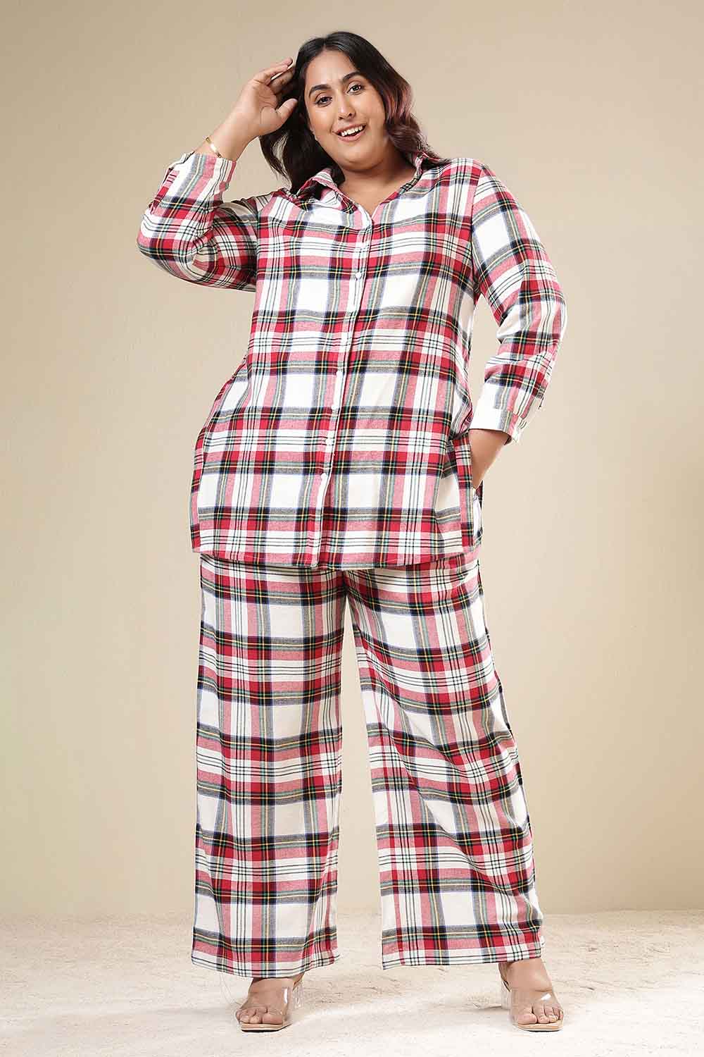 Plus Size Red & White Checkered Cotton Flannel Shirt Coord Set