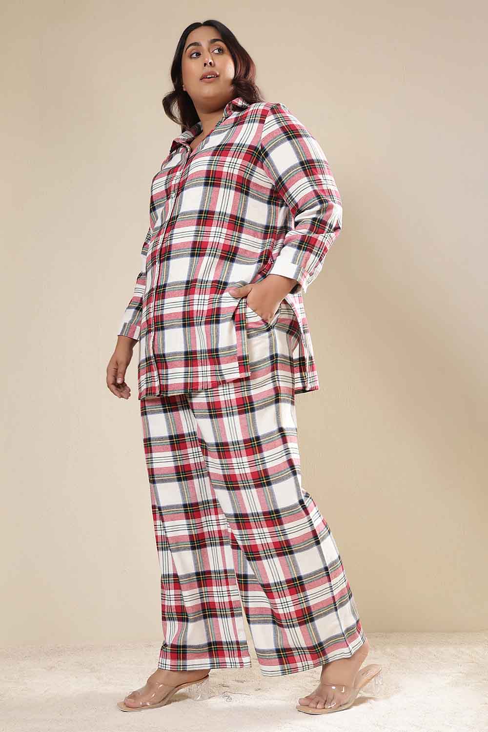 Buy Plus Size Red & White Checkered Cotton Flannel Shirt Coord Set