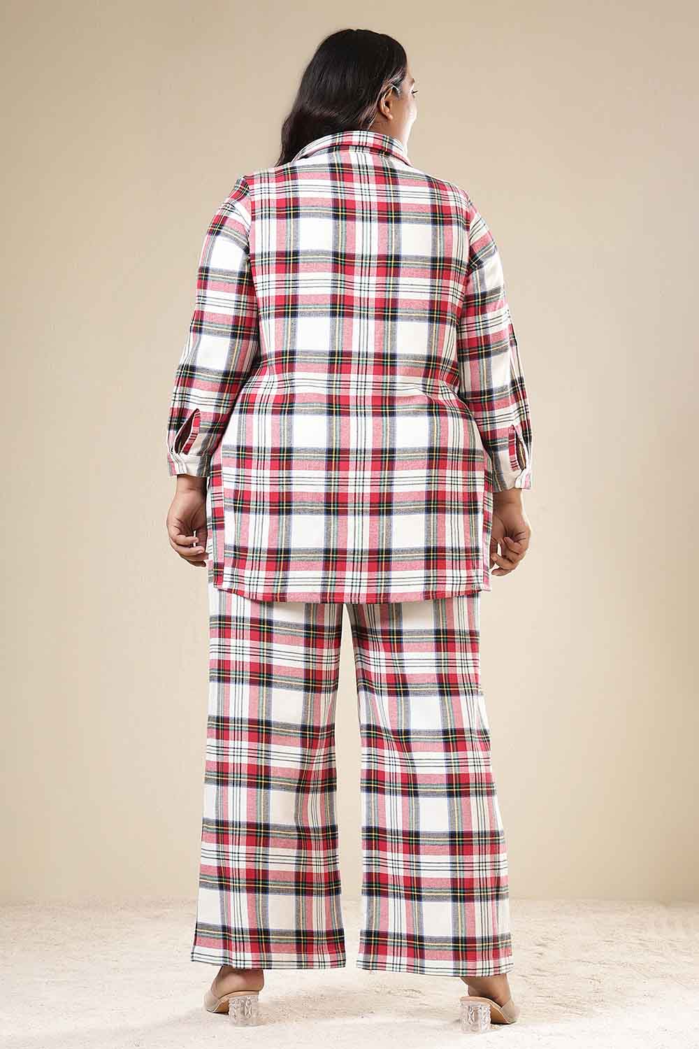 Plus Size Red & White Checkered Cotton Flannel Shirt Coord Set for Women