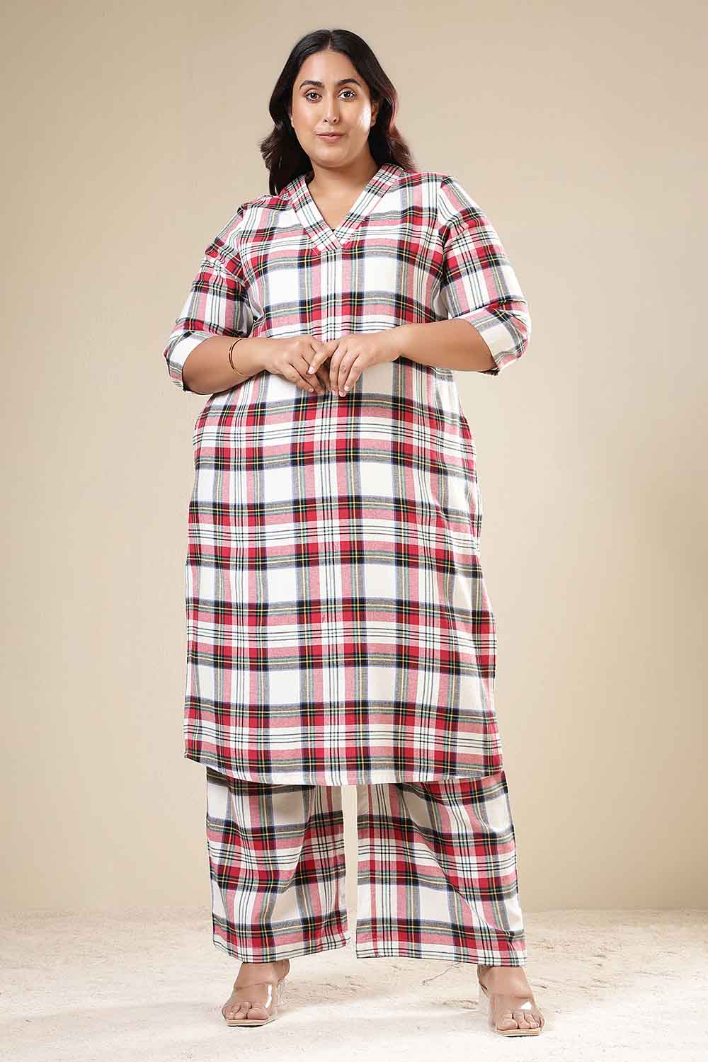 Buy Plus Size Red & White Checkered Cotton Flannel Kurta Coord Set