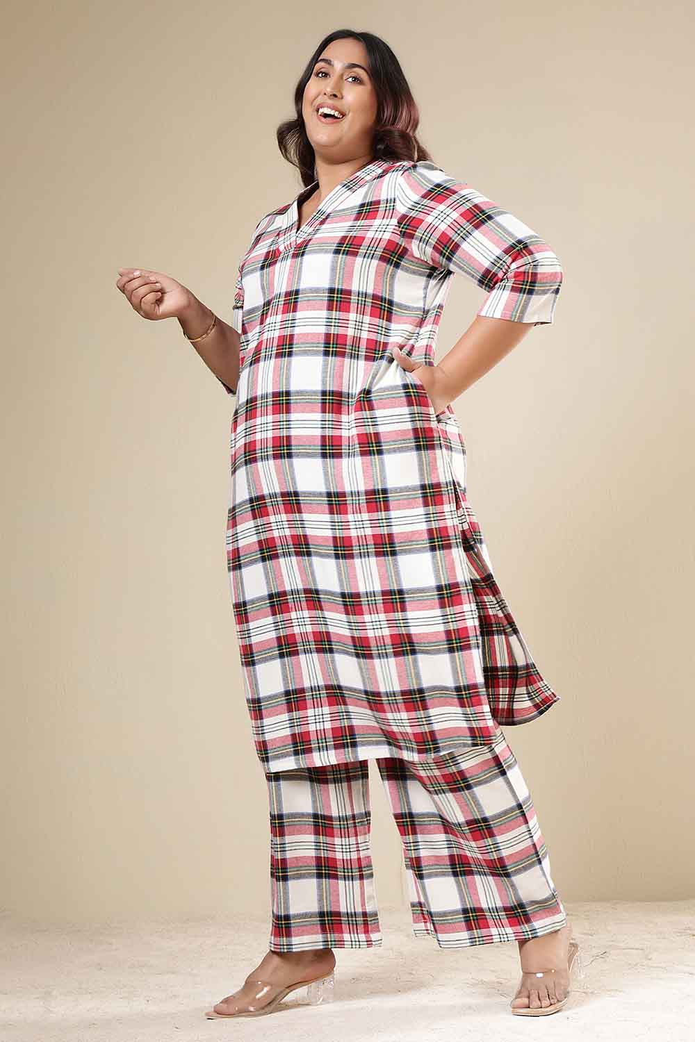 Plus Size Plus Size Red & White Checkered Cotton Flannel Kurta Coord Set