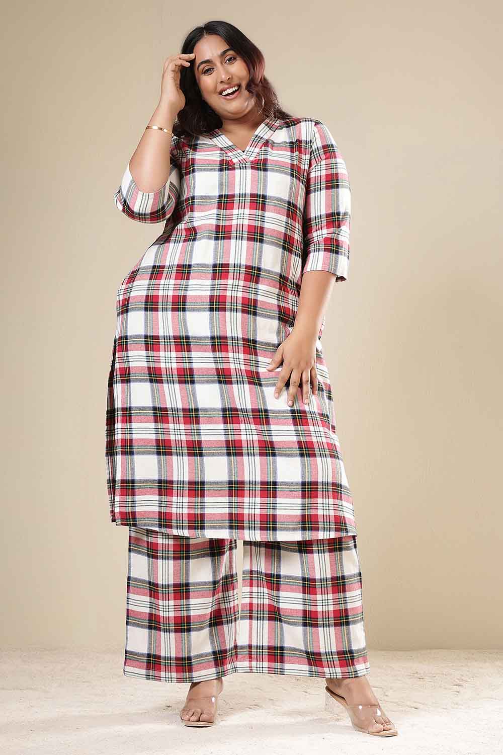 Plus Size Red & White Checkered Cotton Flannel Kurta Coord Set
