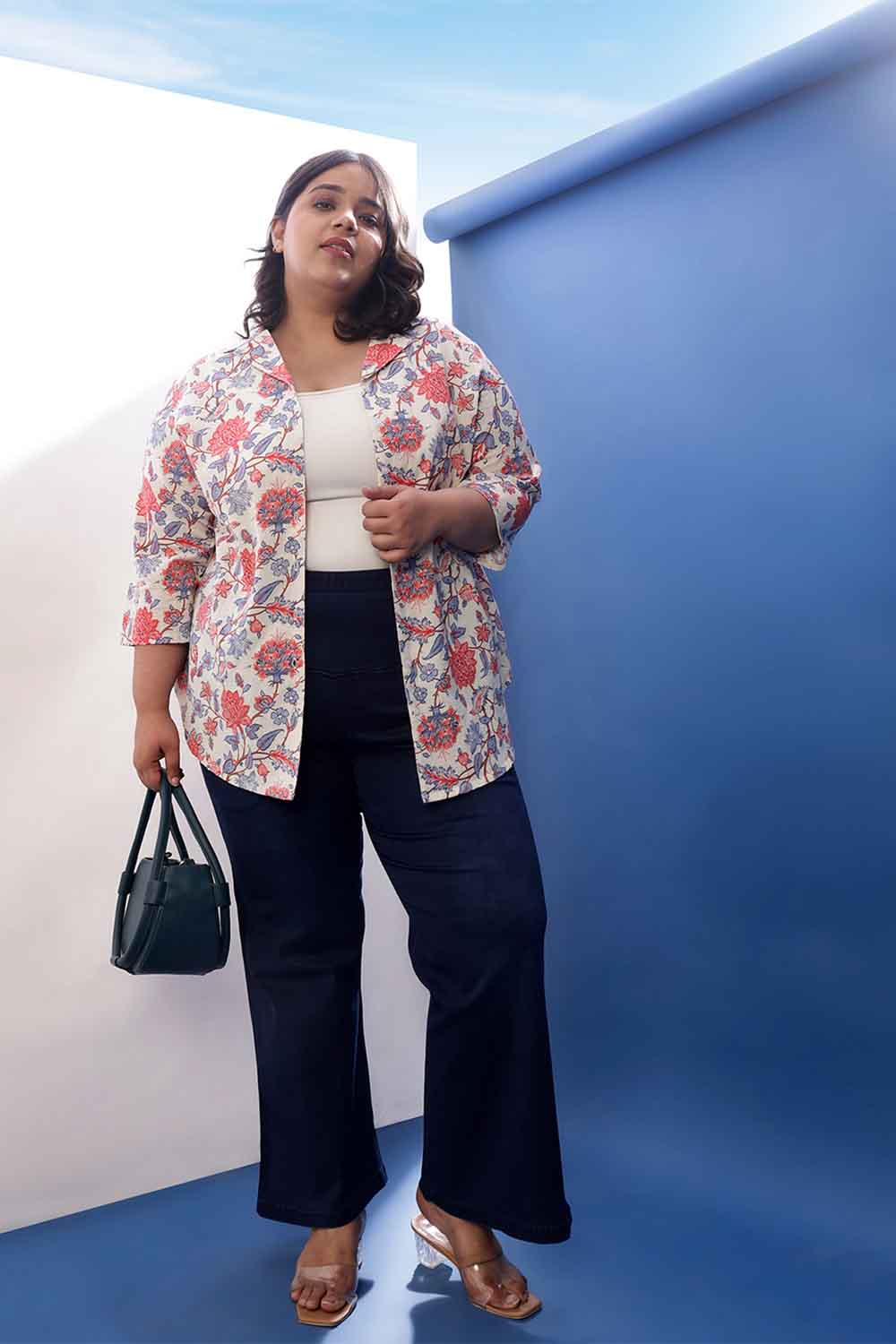 Plus Size Floral Printed Cuban Collar Cotton Linen Shirt