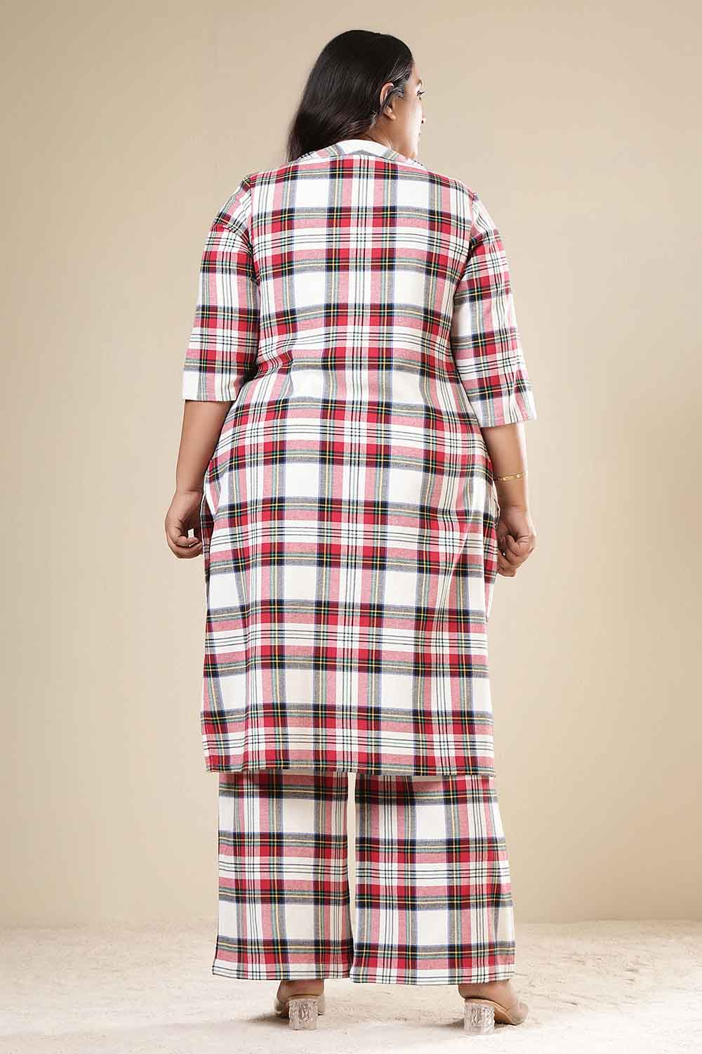 Plus Size Red & White Checkered Cotton Flannel Kurta Coord Set for Women
