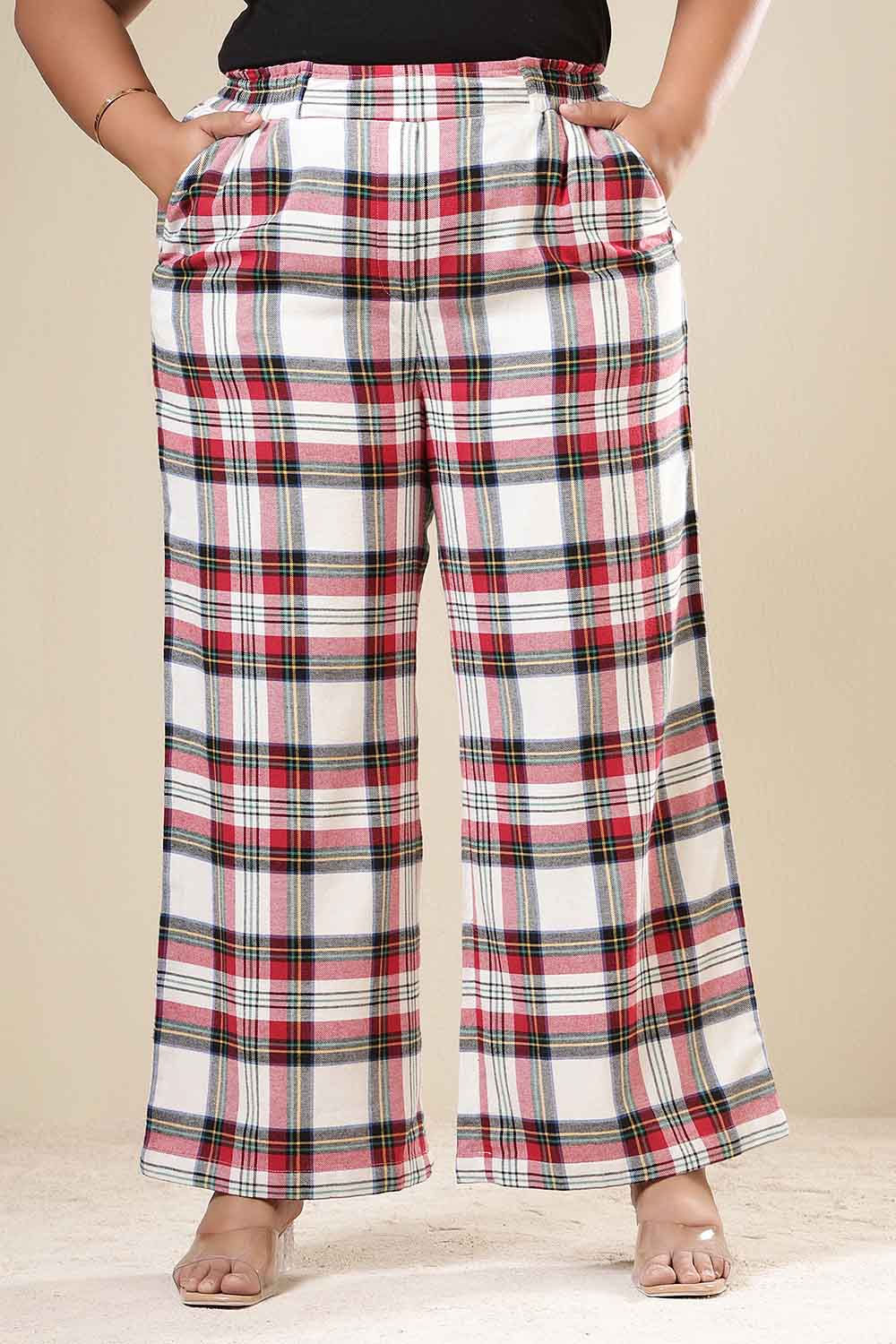 Comfortable Plus Size Red & White Checkered Cotton Flannel Shirt Coord Set