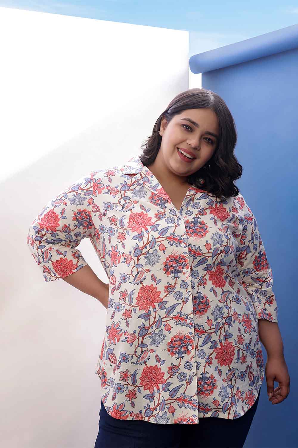 Plus Size Floral Printed Cuban Collar Cotton Linen Shirt