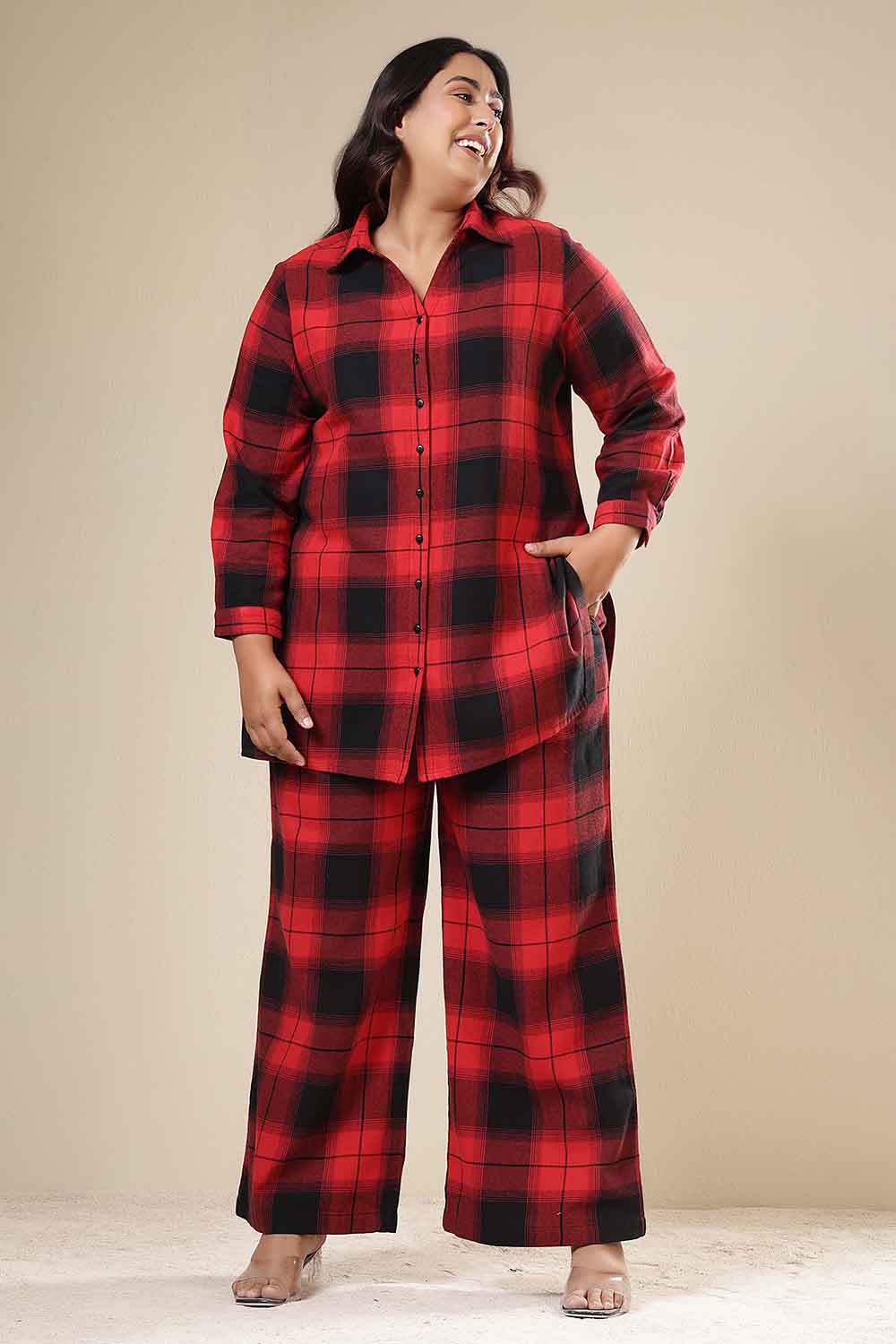 Buy Plus Size Red & Black Check Cotton Flannel Shirt Coord Set