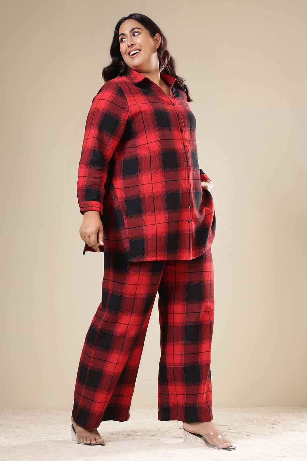 Plus Size Plus Size Red & Black Check Cotton Flannel Shirt Coord Set