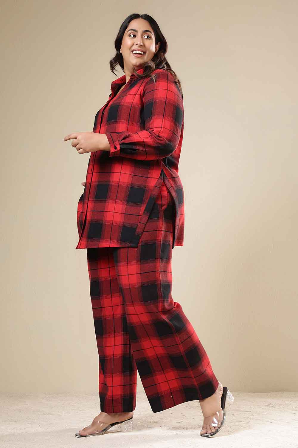 Plus Size Red & Black Check Cotton Flannel Shirt Coord Set for Women