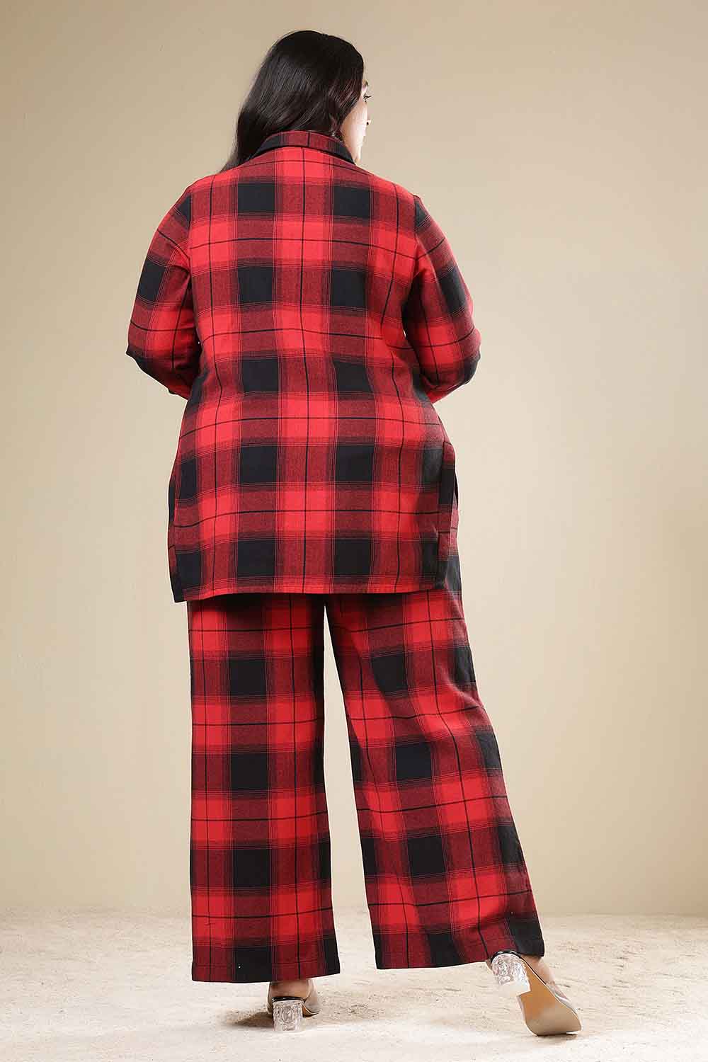 Comfortable Plus Size Red & Black Check Cotton Flannel Shirt Coord Set
