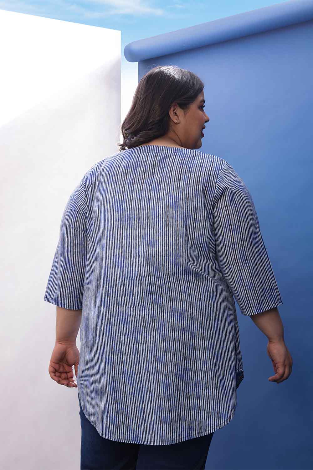 Plus Size Indigo Striped V Neck Cotton Top