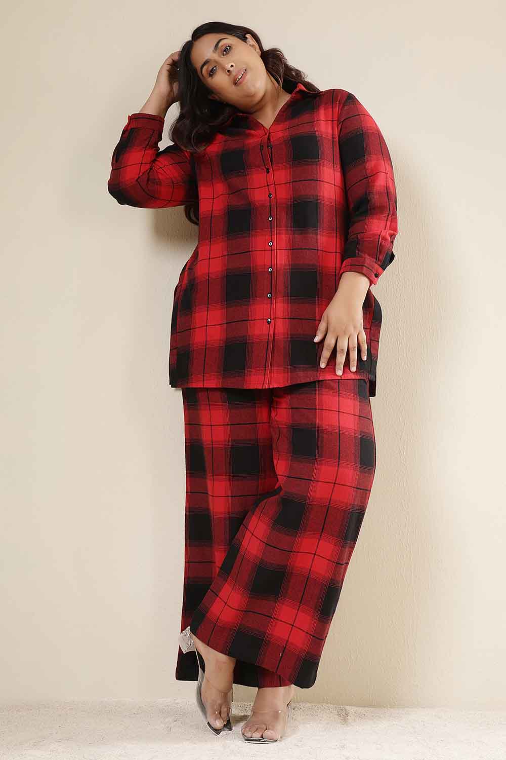 Plus Size Red & Black Check Cotton Flannel Shirt Coord Set