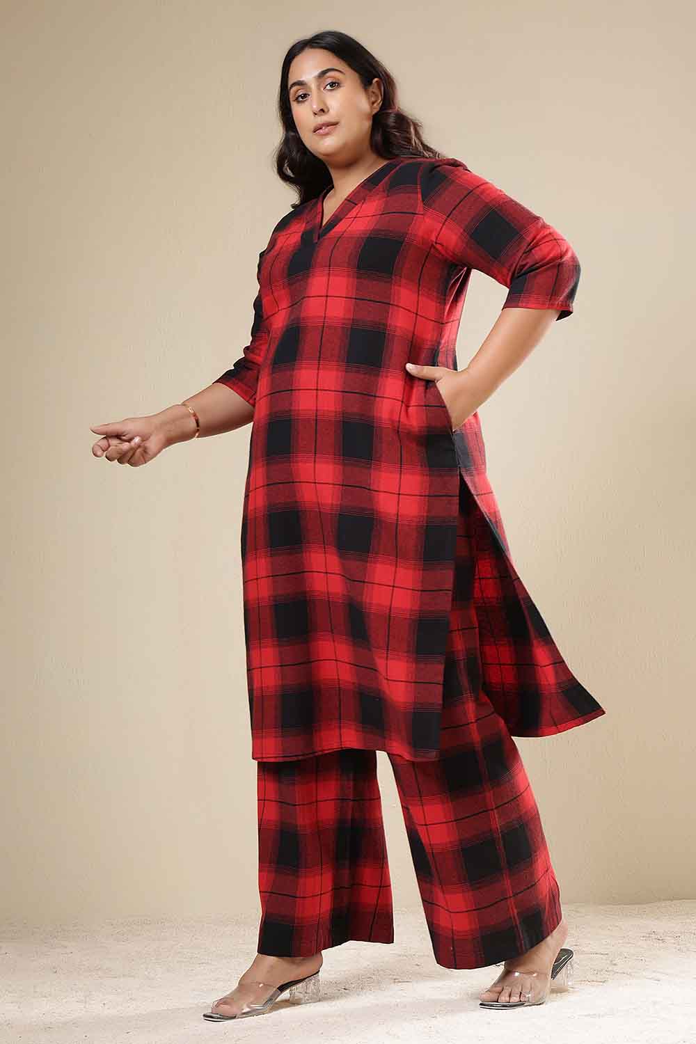 Buy Plus Size Red & Black Check Cotton Flannel Kurta Coord Set