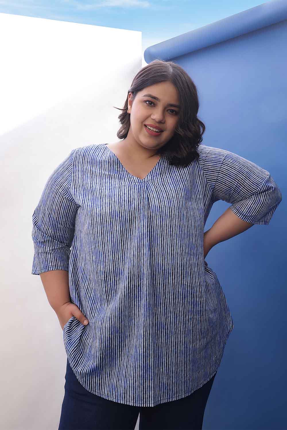 Plus Size Plus Size Indigo Striped V Neck Cotton Top
