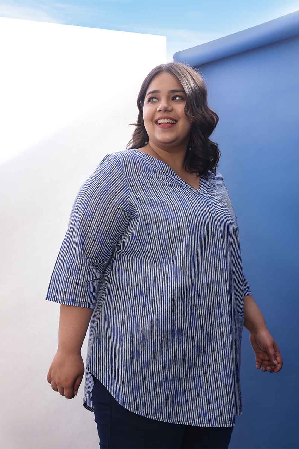 Plus Size Indigo Striped V Neck Cotton Top for Women