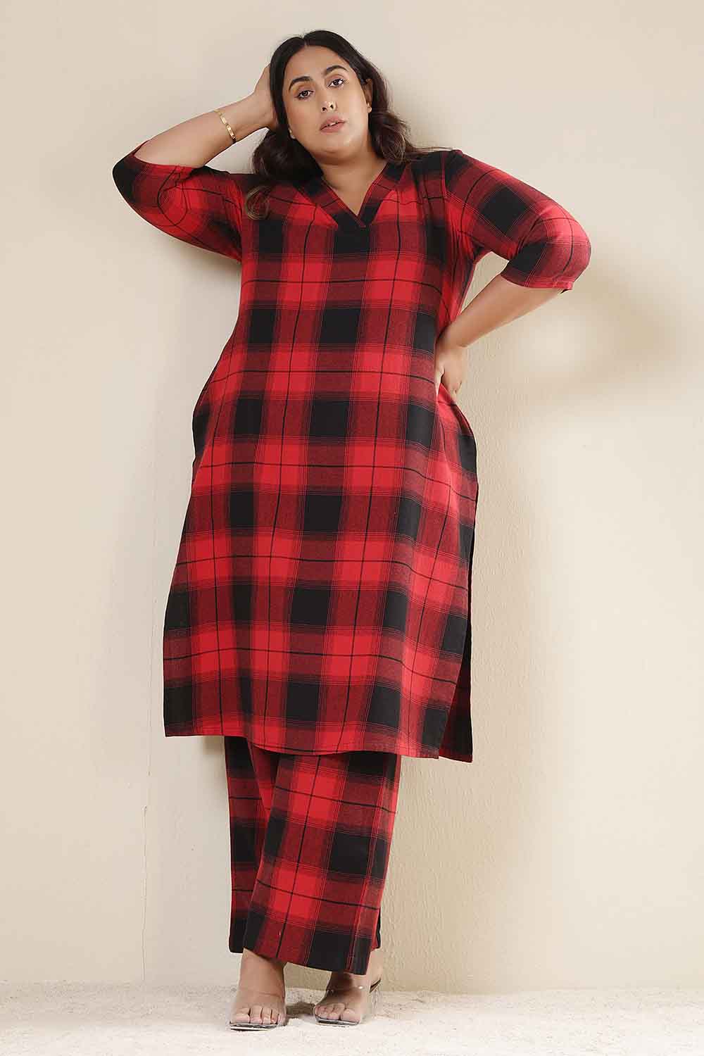 Plus Size Red & Black Check Cotton Flannel Kurta Coord Set for Women