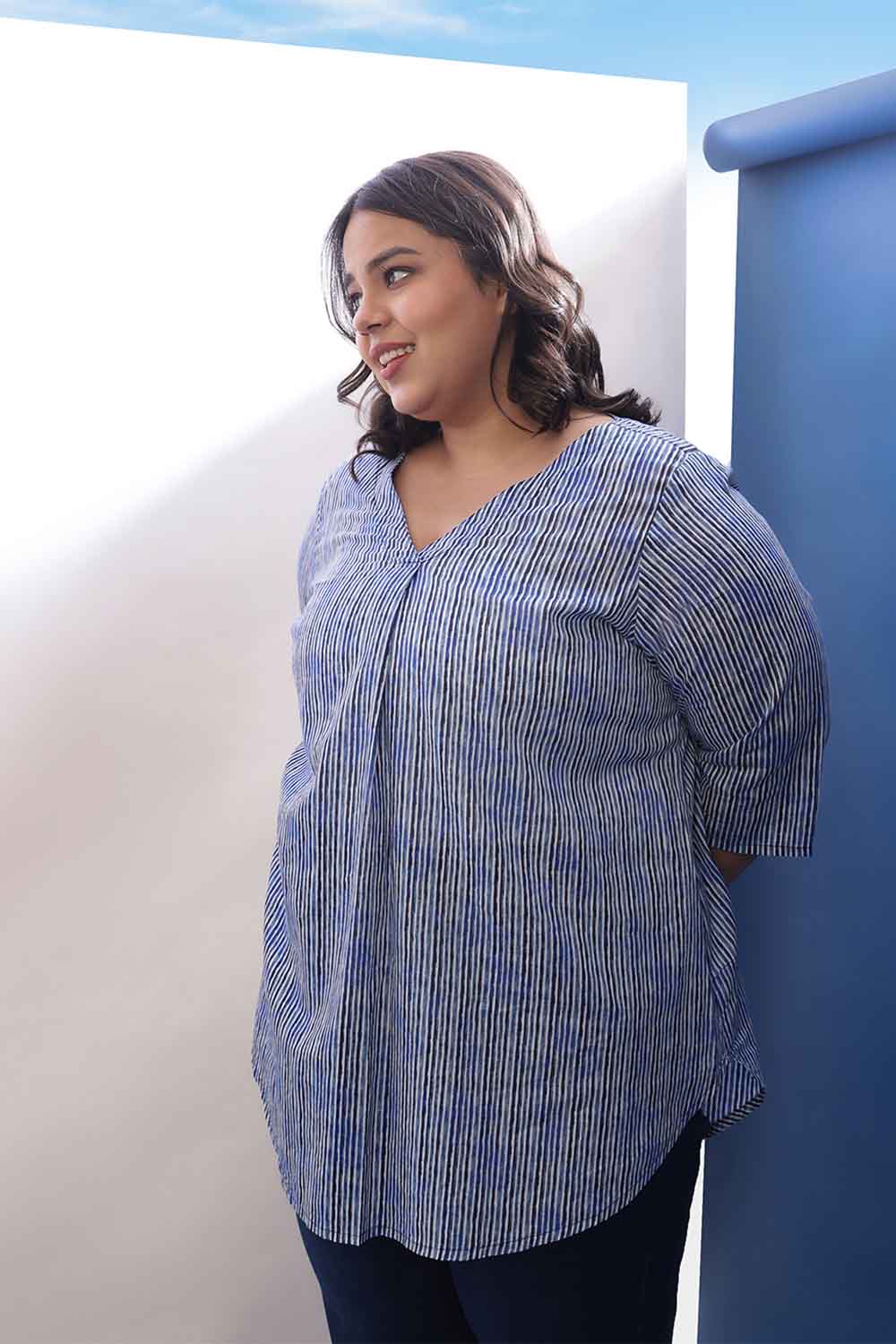 Comfortable Plus Size Indigo Striped V Neck Cotton Top
