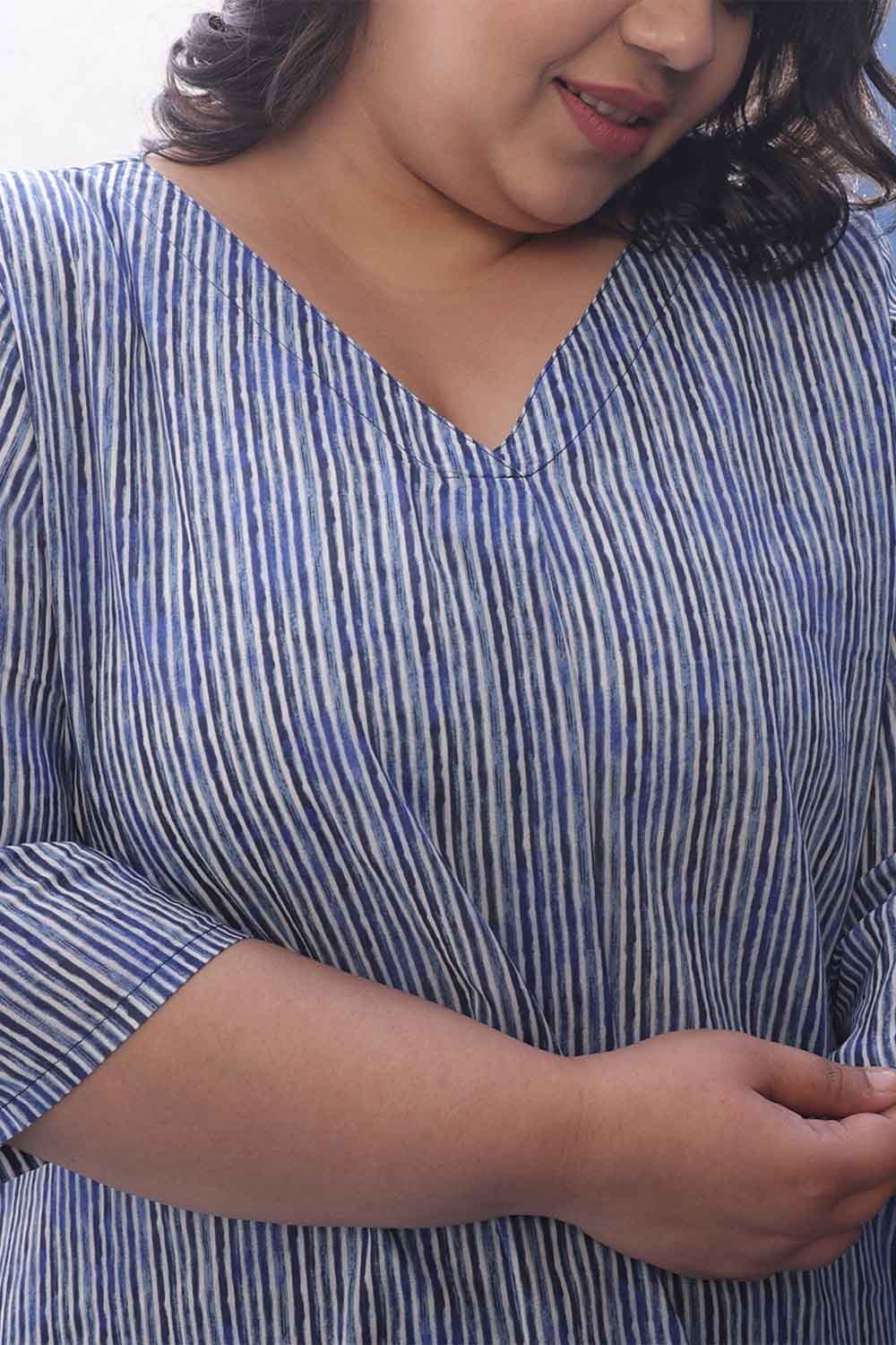 Plus Size Indigo Striped V Neck Cotton Top