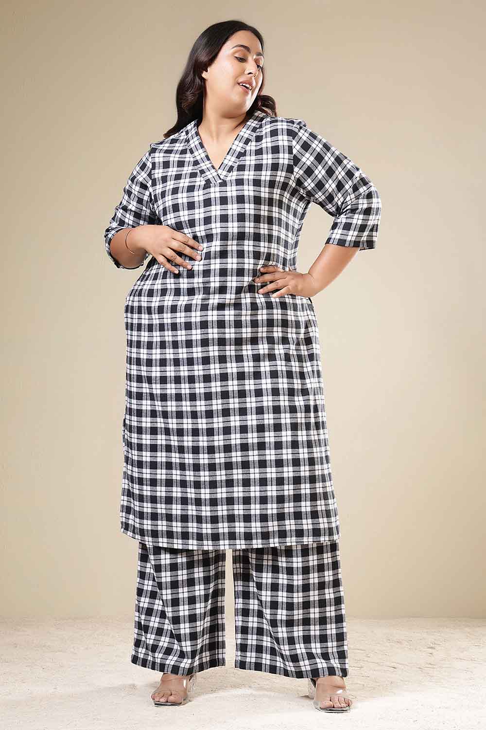 Plus Size Black & White Check Cotton Flannel Kurta Coord Set