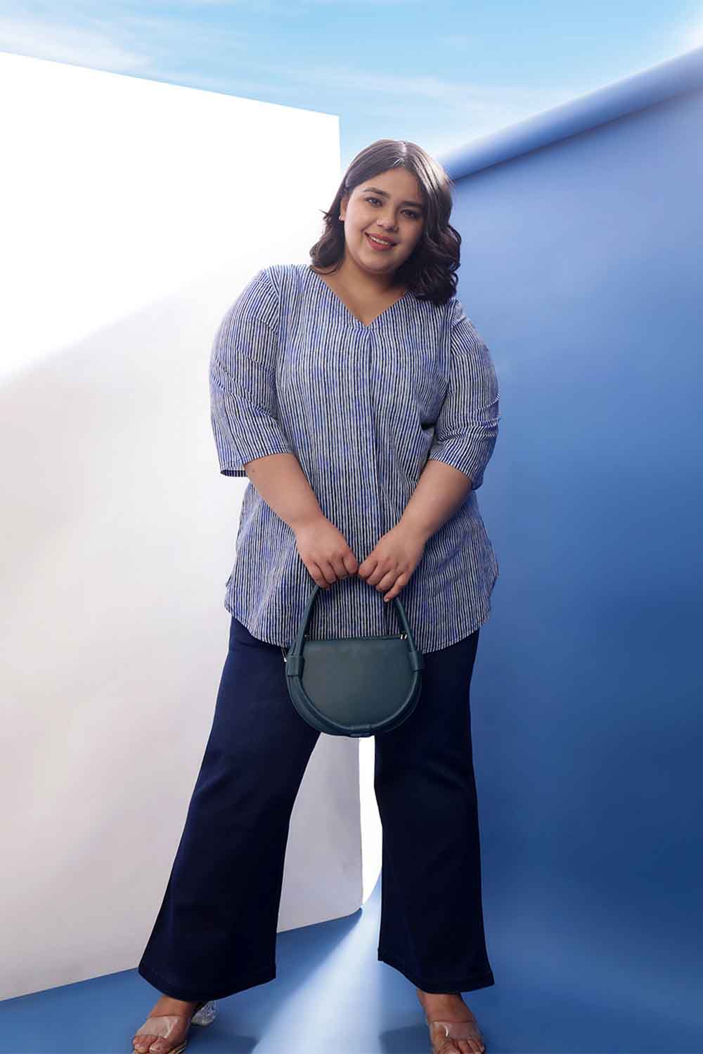 Buy Plus Size Indigo Striped V Neck Cotton Top