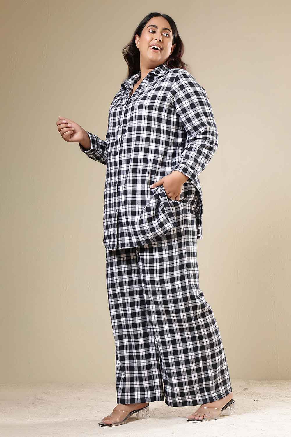 Buy Plus Size Black & White Check Cotton Flannel Shirt Coord Set