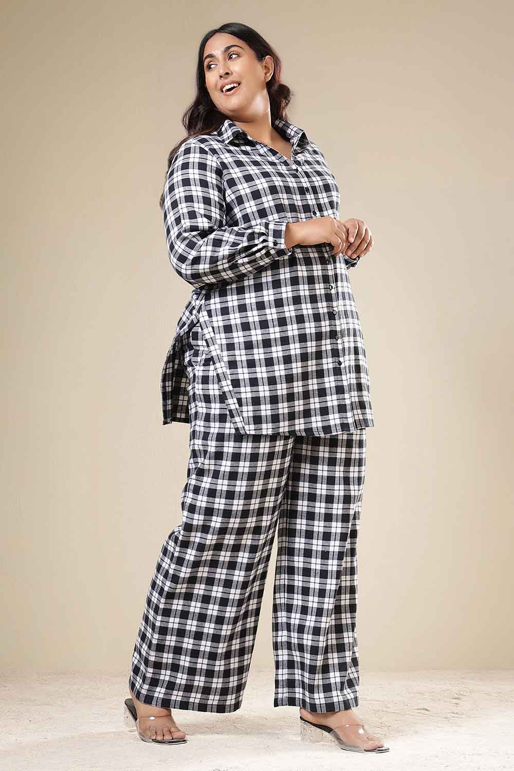 Plus Size Plus Size Black & White Check Cotton Flannel Shirt Coord Set