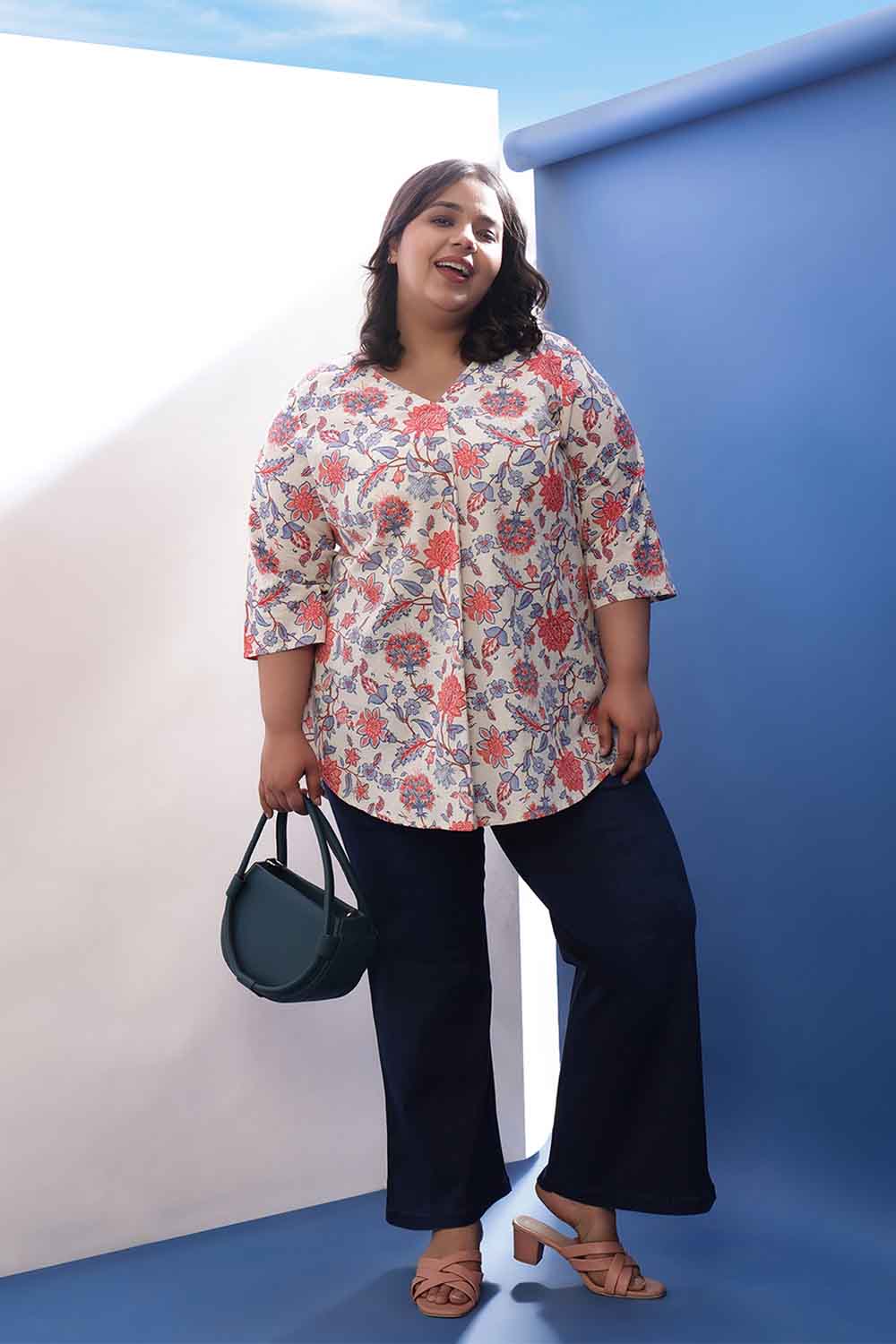 Buy Plus Size Floral Printed V Neck Cotton Linen Top