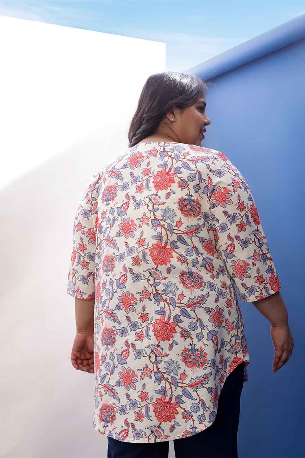 Plus Size Floral Printed V Neck Cotton Linen Top