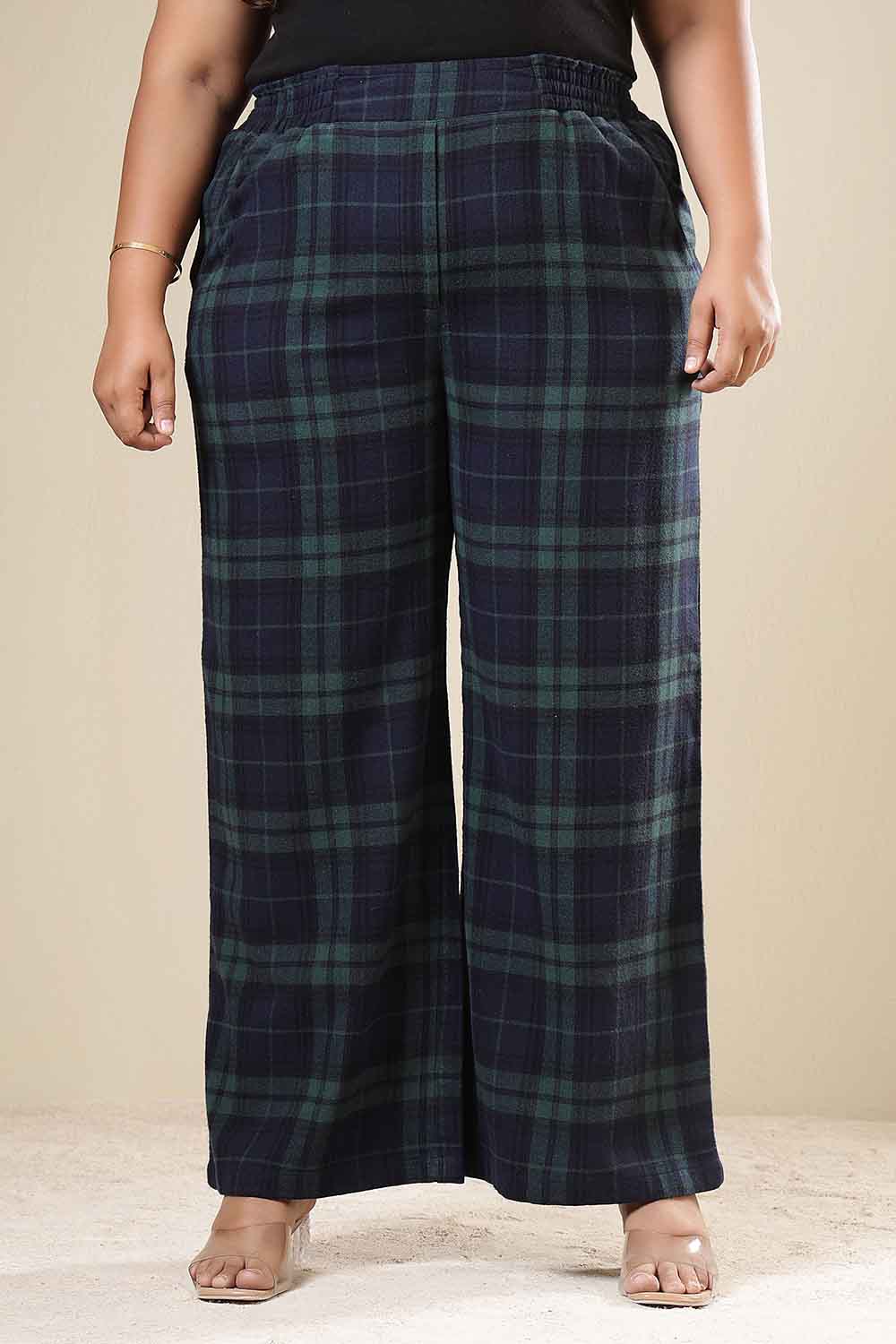 Comfortable Plus Size Navy & Green Check Cotton Flannel Shirt Coord Set
