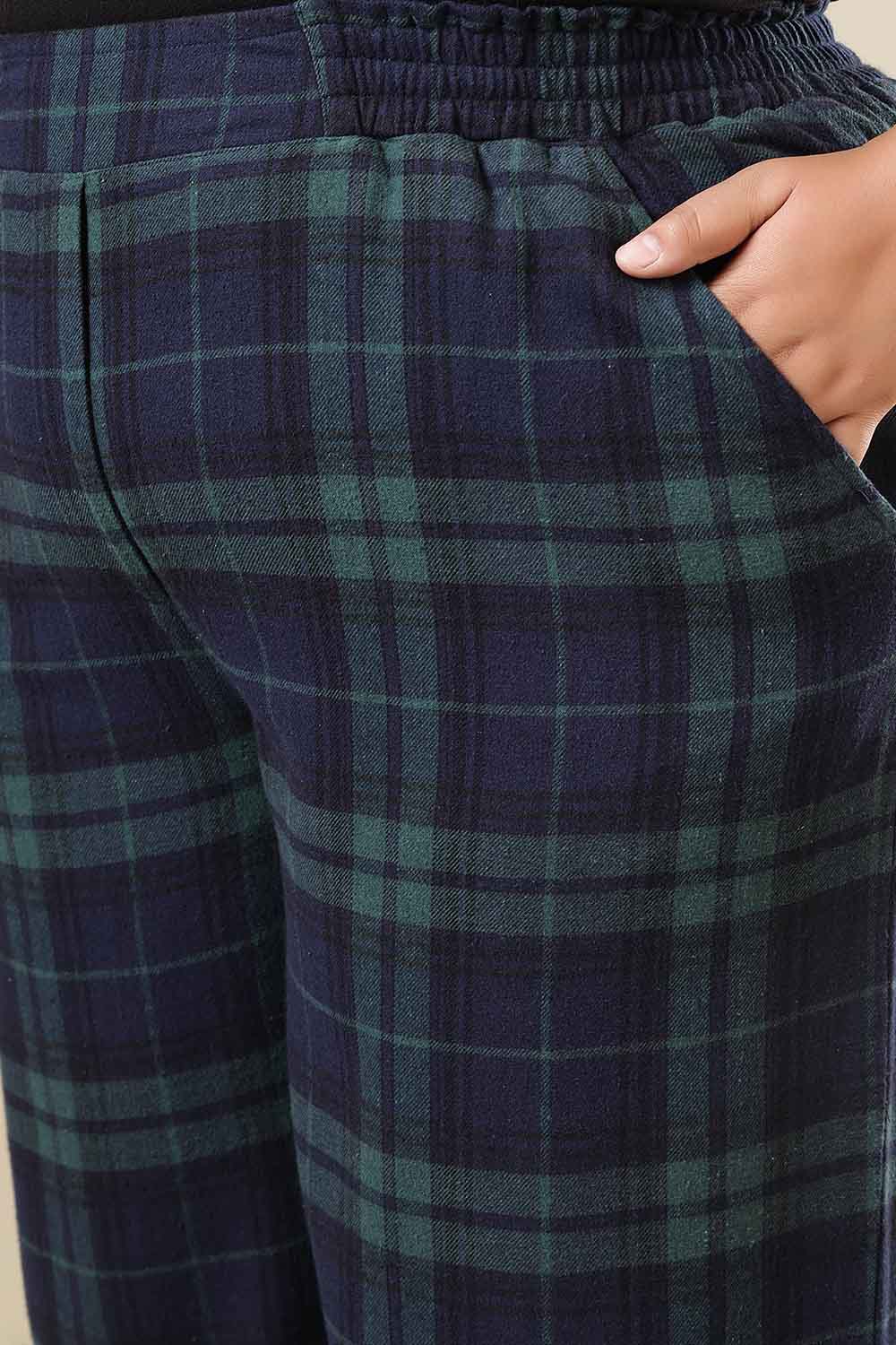 Plus Size Navy & Green Check Cotton Flannel Kurta Coord Set