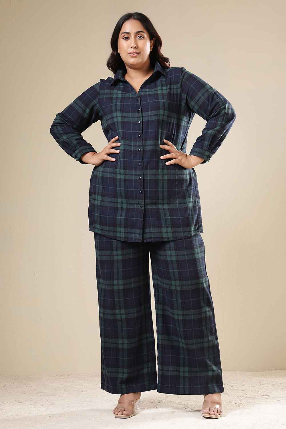Plus Size Navy & Green Check Cotton Flannel Shirt Coord Set