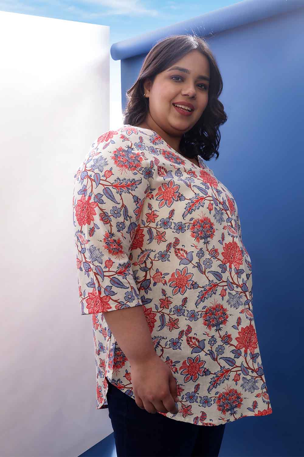 Plus Size Plus Size Floral Printed V Neck Cotton Linen Top