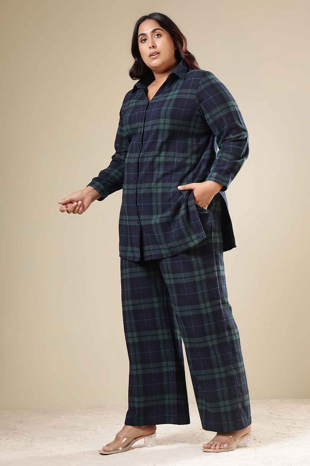 Buy Plus Size Navy & Green Check Cotton Flannel Shirt Coord Set