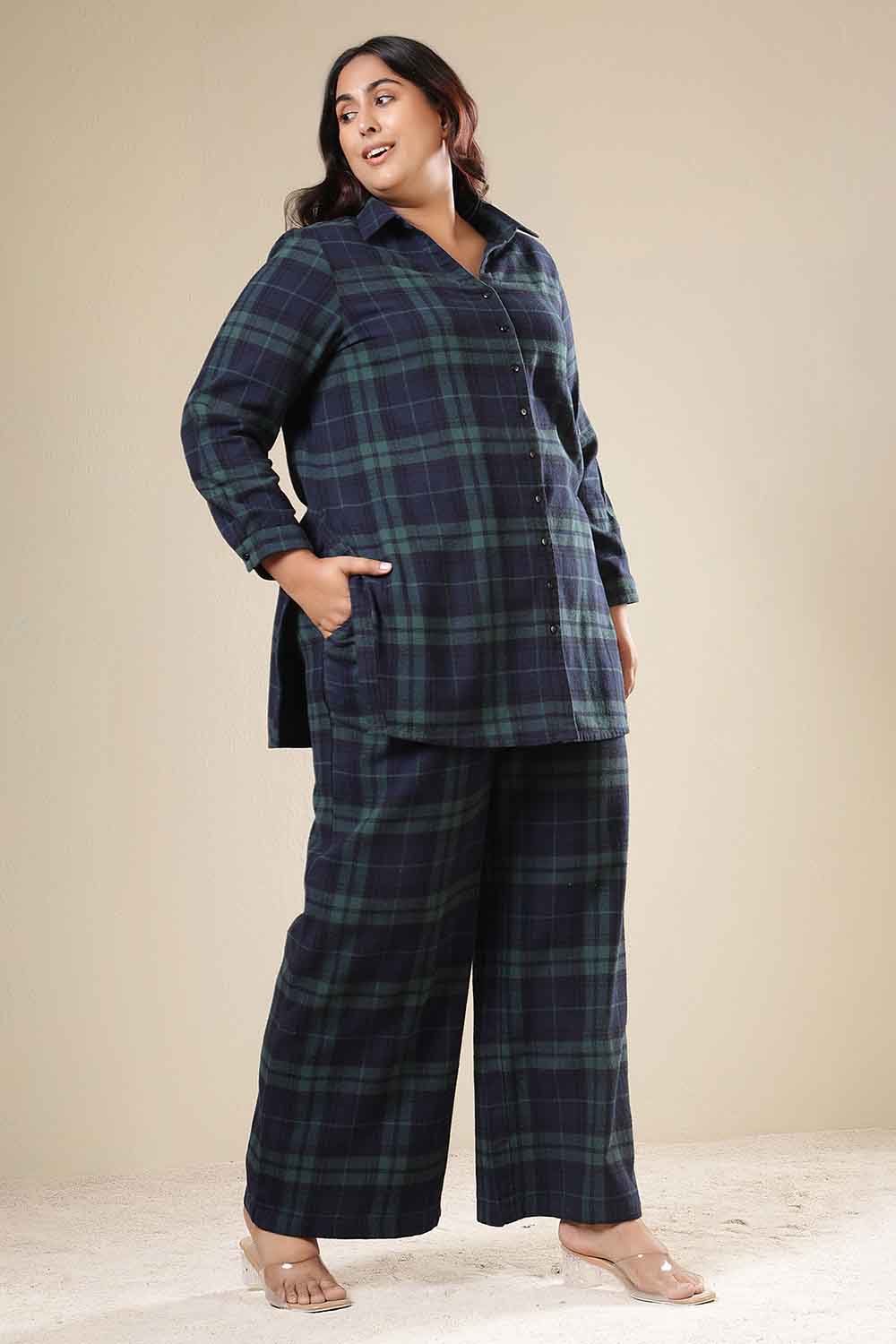 Plus Size Plus Size Navy & Green Check Cotton Flannel Shirt Coord Set