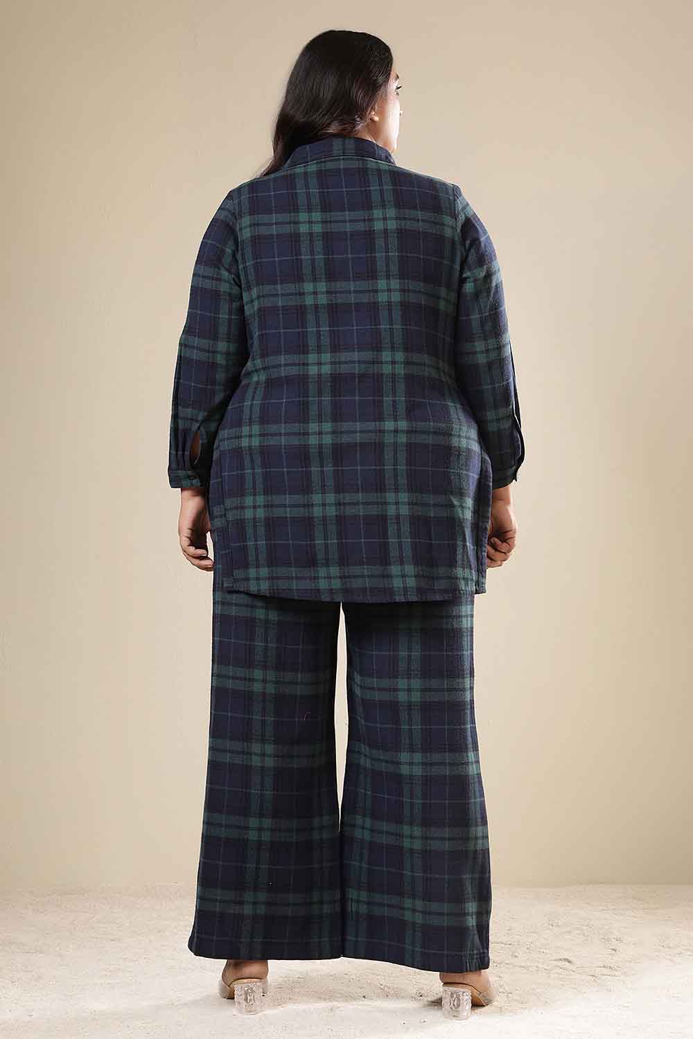 Plus Size Navy & Green Check Cotton Flannel Shirt Coord Set for Women
