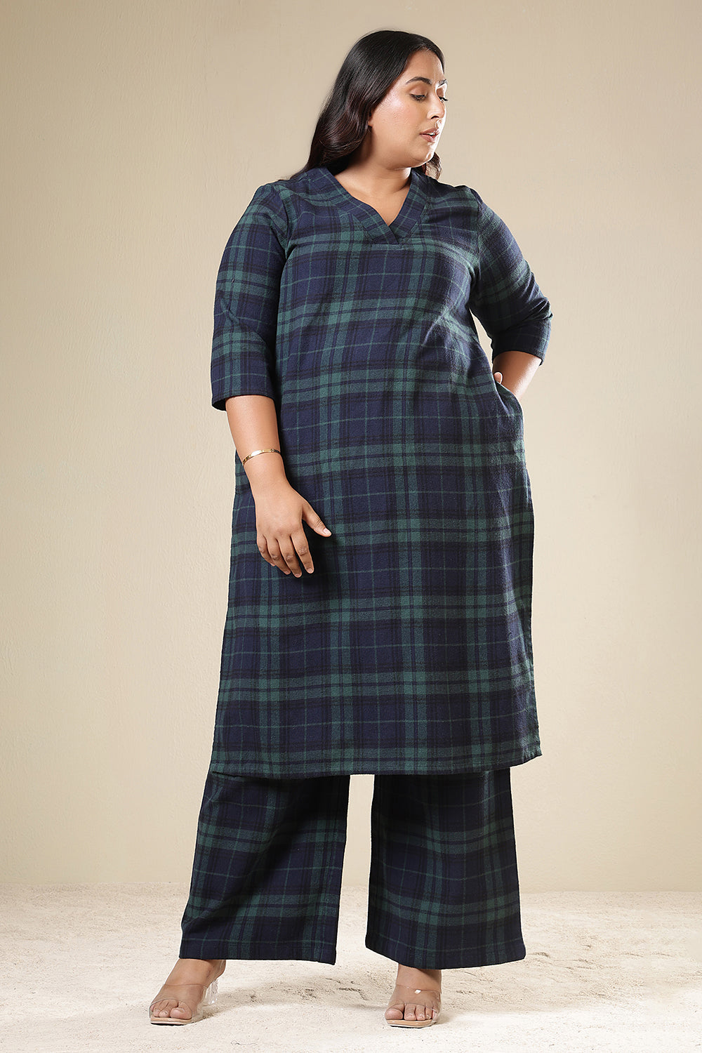 Plus Size Navy & Green Check Cotton Flannel Kurta Coord Set for Women