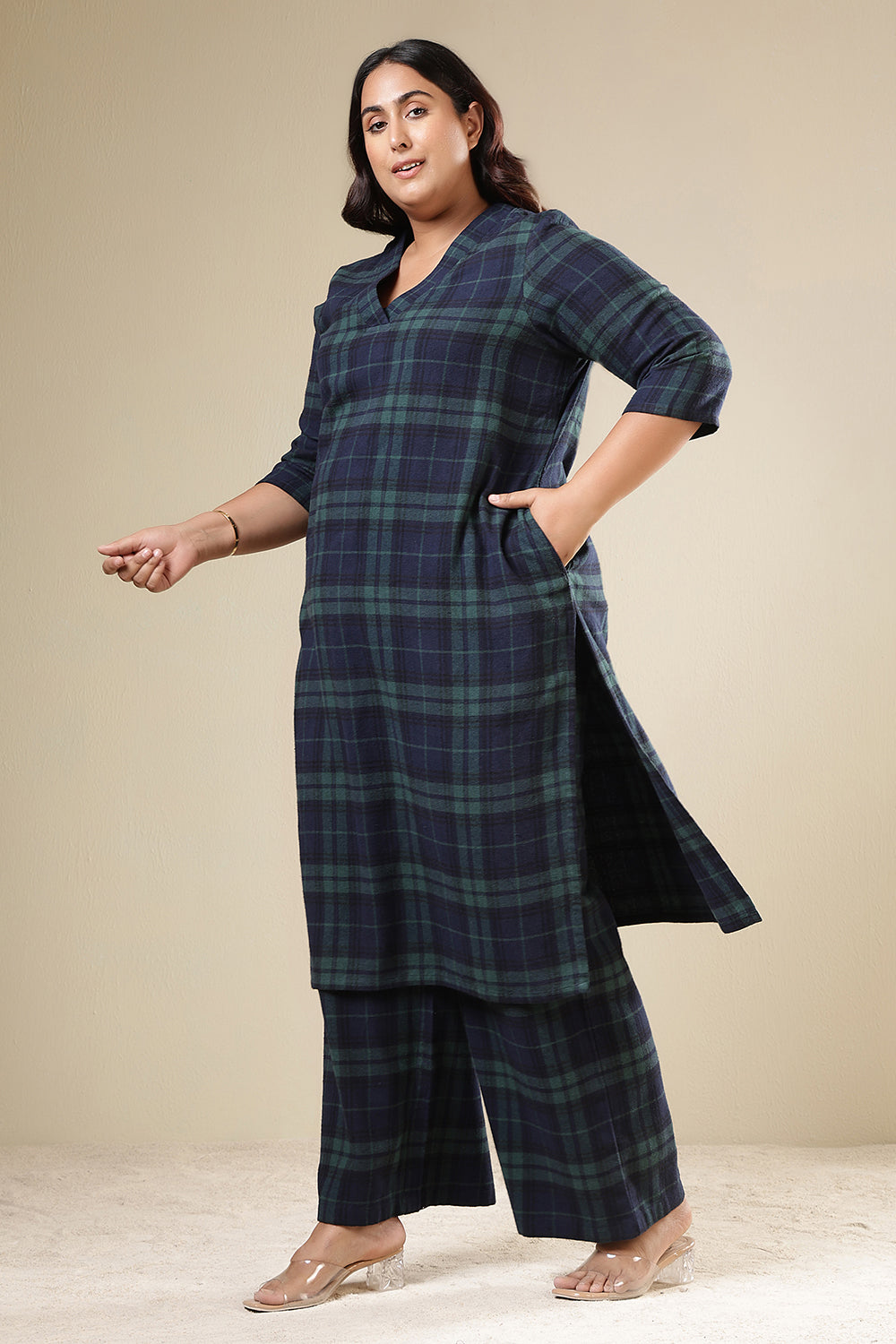 Buy Plus Size Navy & Green Check Cotton Flannel Kurta Coord Set