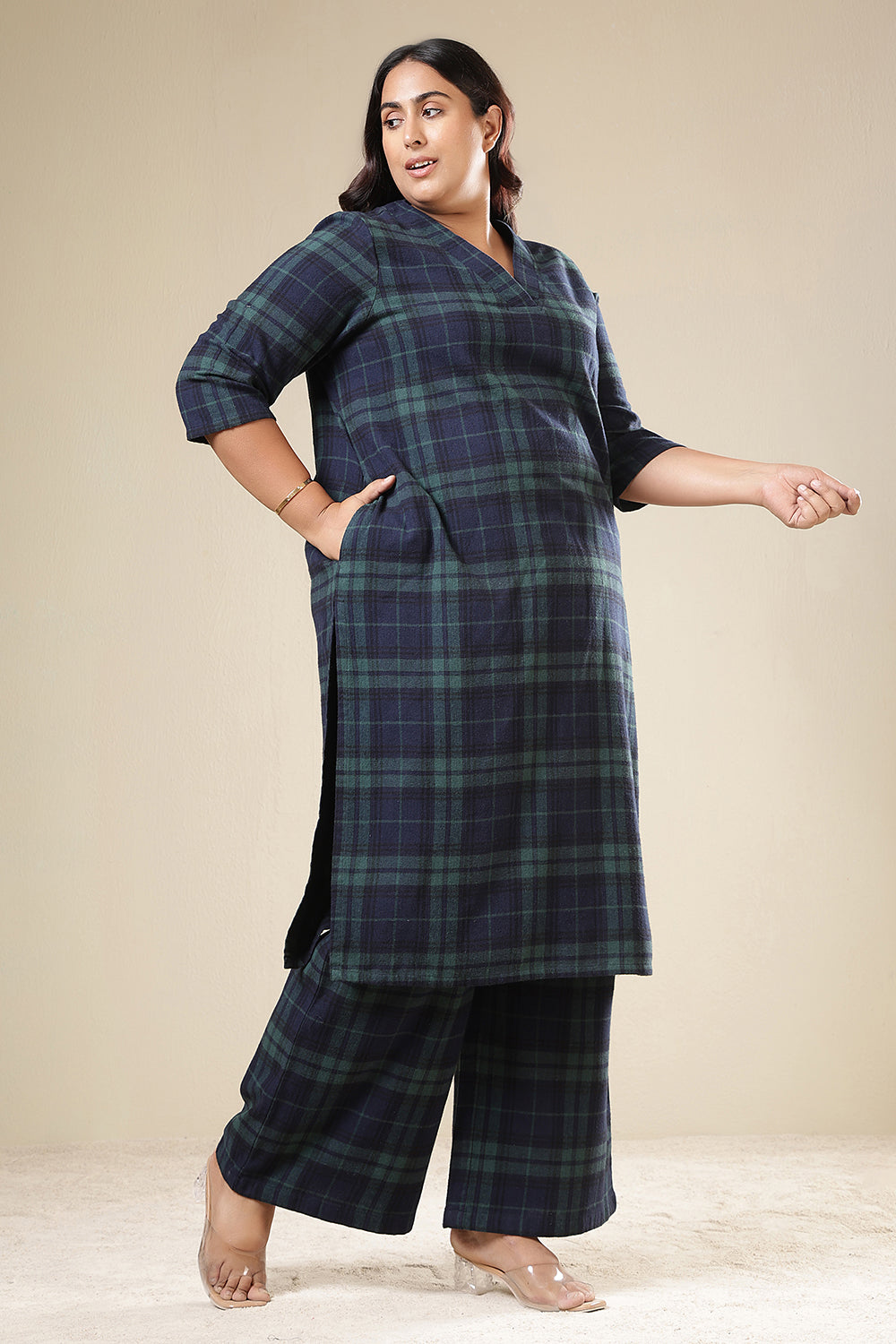 Plus Size Plus Size Navy & Green Check Cotton Flannel Kurta Coord Set