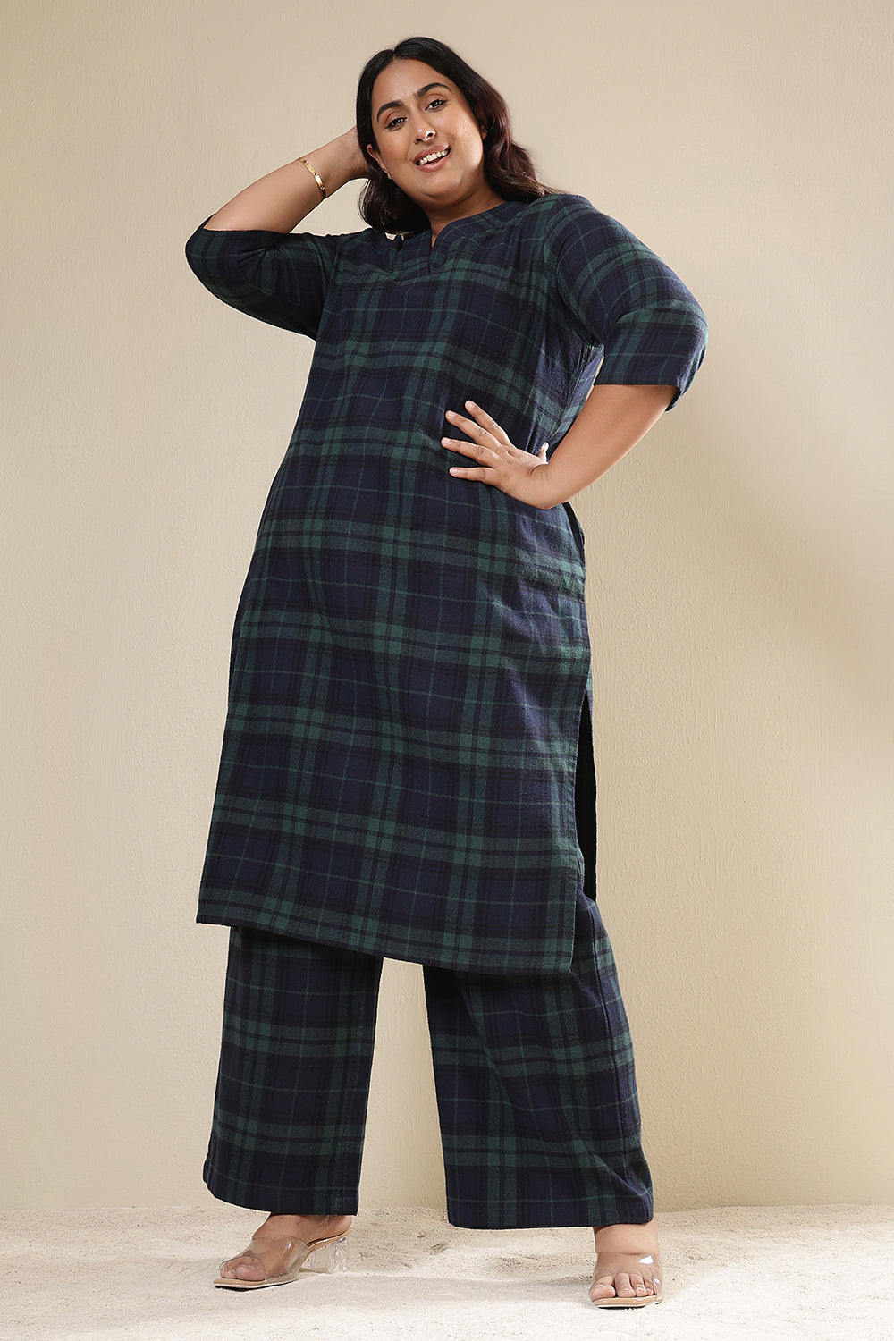 Plus Size Navy & Green Check Cotton Flannel Kurta Coord Set