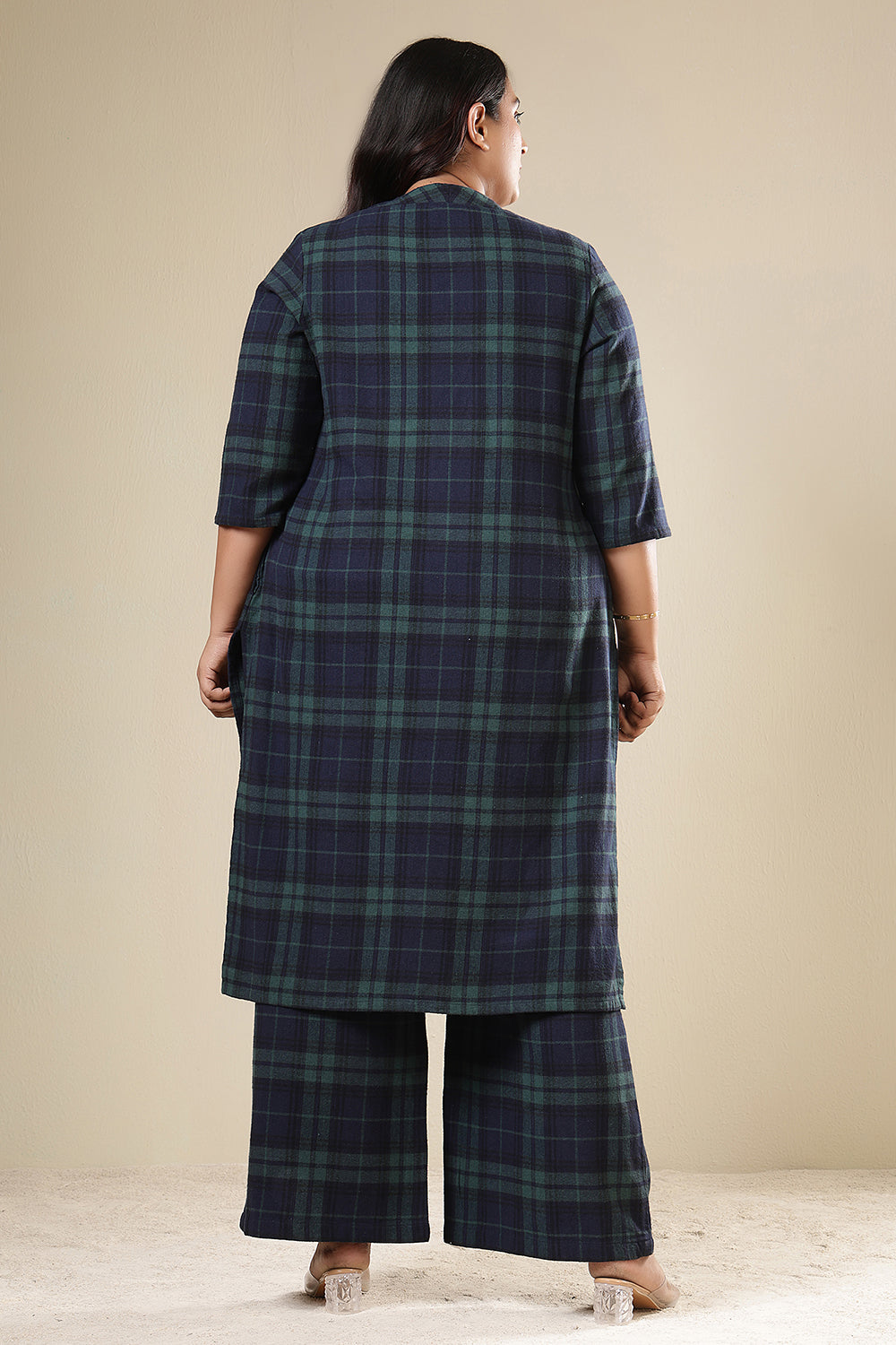 Comfortable Plus Size Navy & Green Check Cotton Flannel Kurta Coord Set