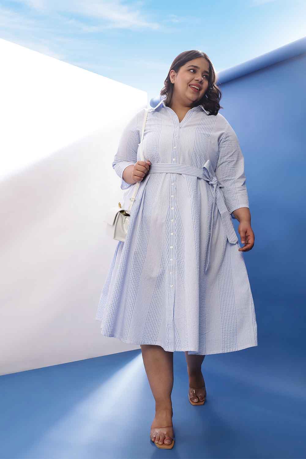 Plus Size Light Blue Striped Cotton Shirt Dress